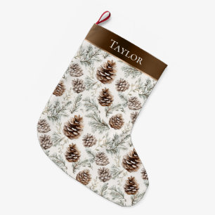 Brown Ribbon Silver Christmas Pine Cones Large Christmas Stocking