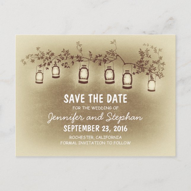 brown romantic night lights-lanterns save the date announcement postcard (Front)