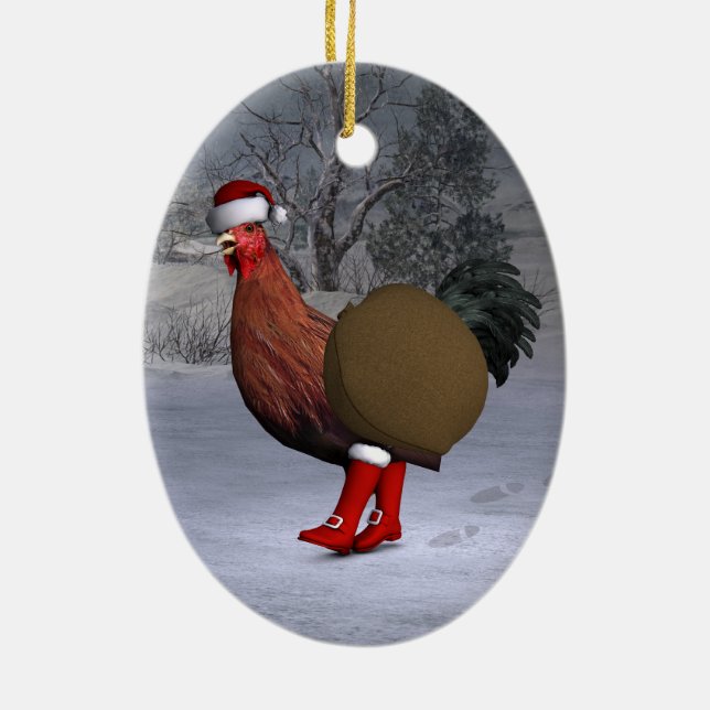 Brown Rooster Santa Claus Ceramic Tree Decoration (Back)