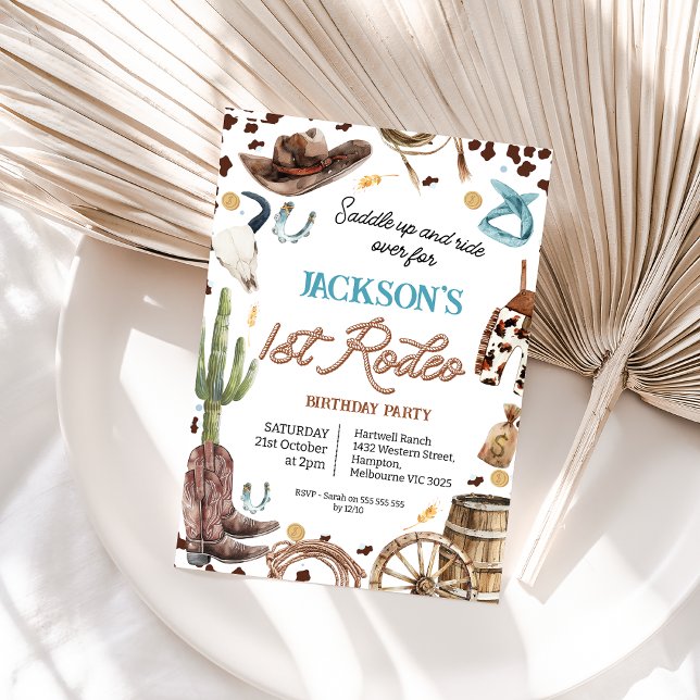 Brown Rope Text First Rodeo 1st Birthday Invitation (Boys First Rodeo Birthday Invitation, Wild West Cowboy 1st Birthday Invitation Boy, Rope Text,)