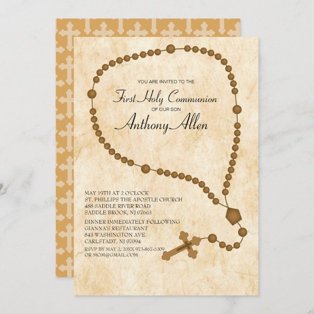 Brown Rosary Beads First Holy Communion Invitation (Front/Back)