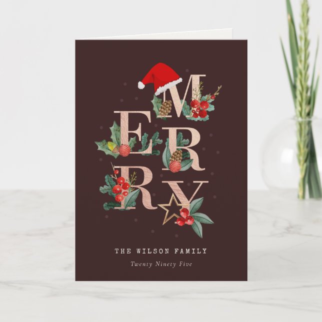 Brown Rose Gold  Red Merry Christmas Foliage Photo Holiday Card (Front)