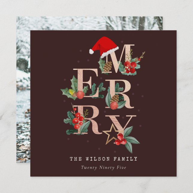 Brown Rose Gold Red Merry Christmas Foliage Photo Holiday Card (Front/Back)