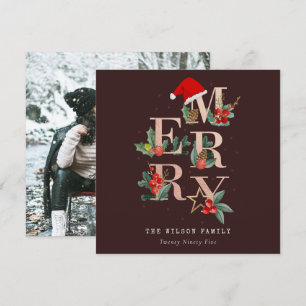 Brown Rose Gold Red Merry Christmas Foliage Photo Holiday Card