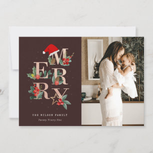 Brown Rose Gold Red Merry Christmas Foliage Photo Holiday Card