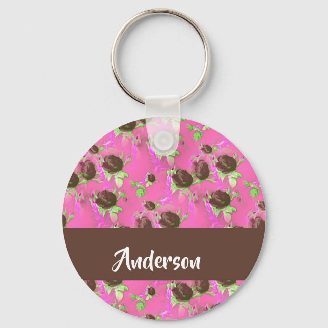 Brown roses on pink key ring (Front)