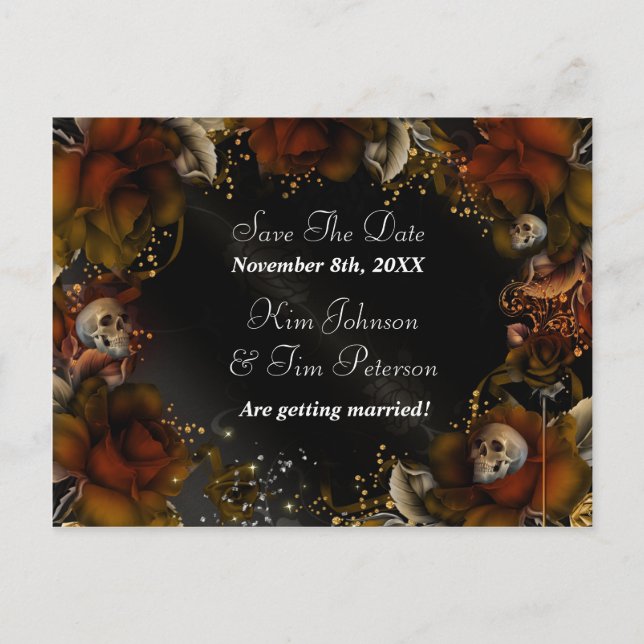 Brown Roses + Skulls Gothic Wedding Postcard (Front)