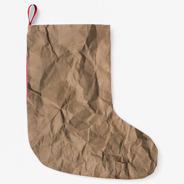 Brown rough crumpled recycled paper texture small christmas stocking (Front)