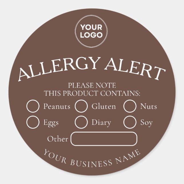 Brown Round White Black Food Allergy Alert Sticker (Front)
