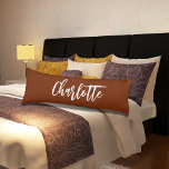 Brown rust name script body cushion<br><div class="desc">Brown rust,  terracotta coloured.  Personalise and add your name.  Large white hand lettered style script.</div>