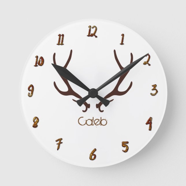 Brown Rustic Antlers Personalised Custom Round Clock (Front)