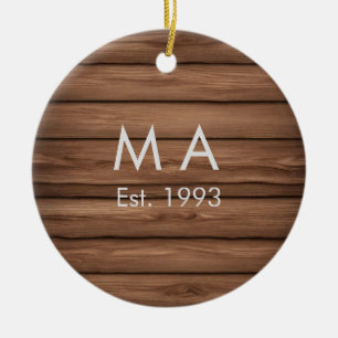 Brown rustic boho add name letter year date text ceramic ornament