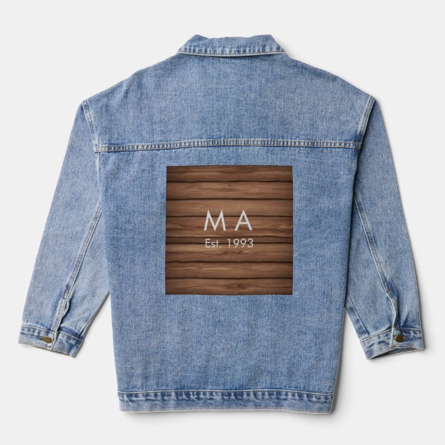 Brown rustic boho add name letter year date text denim jacket (Back)
