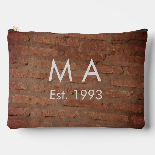 Brown rustic brick stone add name letter year date accessory pouch (Front)