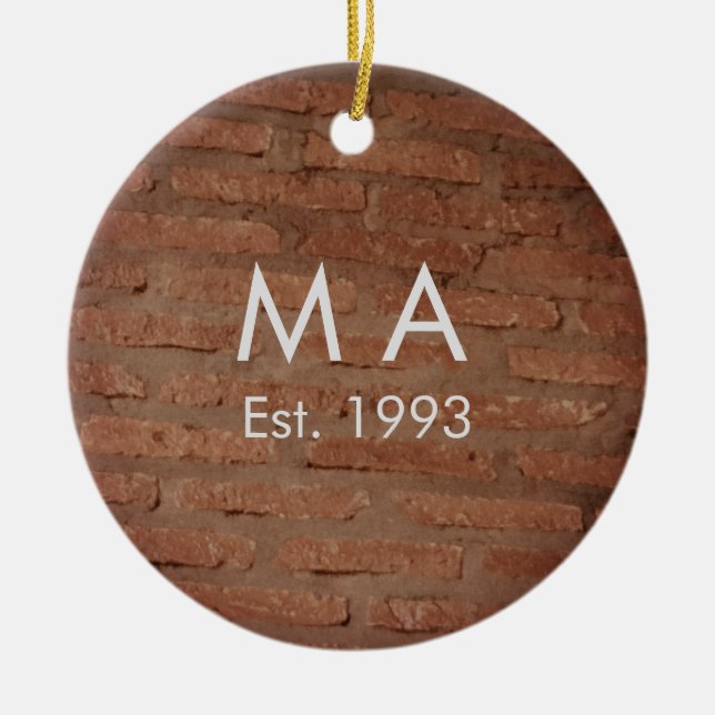 Brown rustic brick stone add name letter year date ceramic ornament (Front)