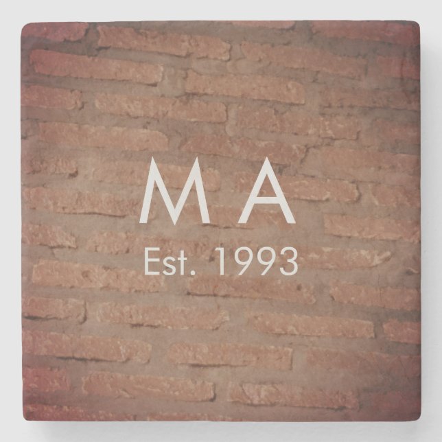 Brown rustic brick stone add name letter year date coaster (Front)