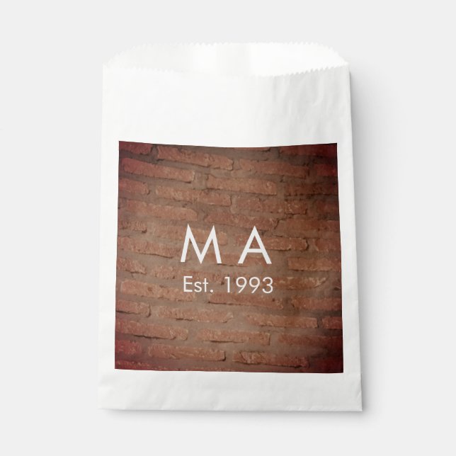 Brown rustic brick stone add name letter year date favour bag (Front)