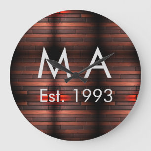 Brown rustic brick stone add name letter year date large clock