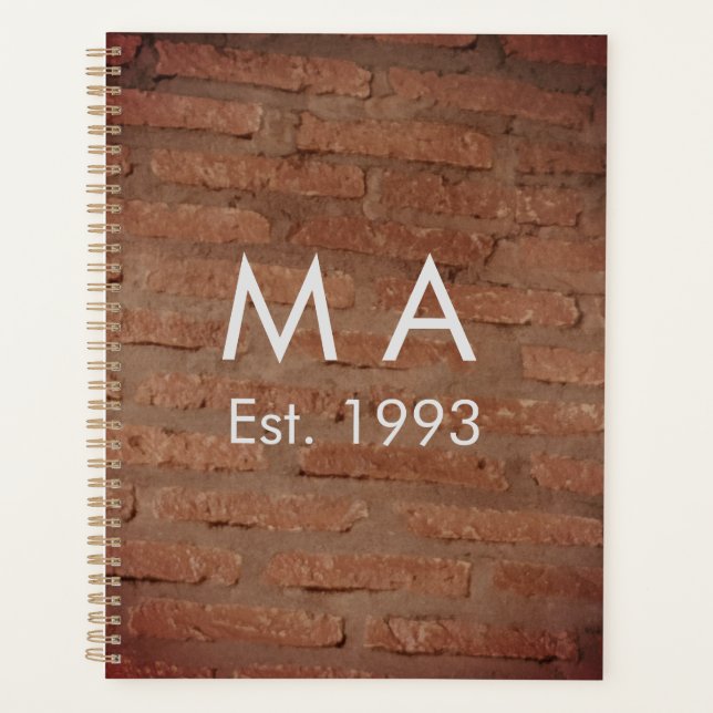 Brown rustic brick stone add name letter year date planner (Front)
