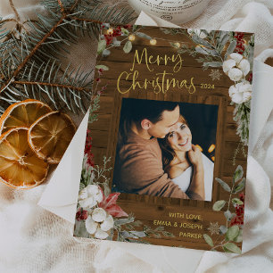 Brown Rustic Christmas Winter Floral and Photo Holiday Card