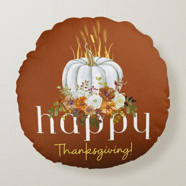 Brown Rustic Happy Thanksgiving Floral Pumpkin   Round Cushion (Front)