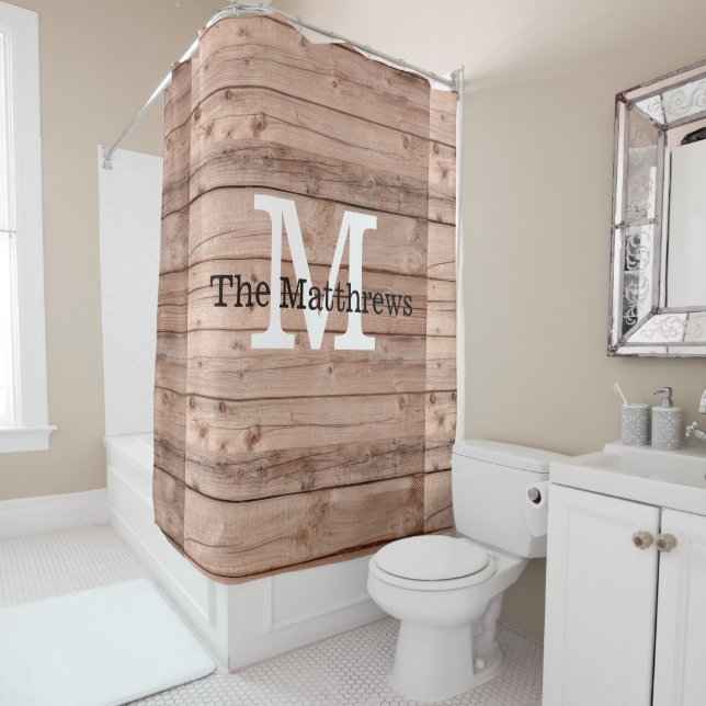 Brown Rustic Pattern Monogram Farmhouse Name  Shower Curtain (In Situ)