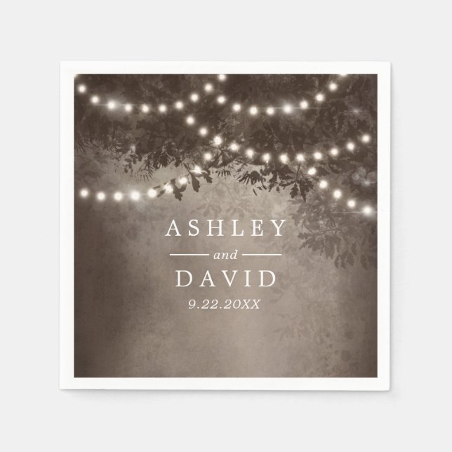 Brown Rustic Tree String Lights Woodland Wedding Napkin (Front)