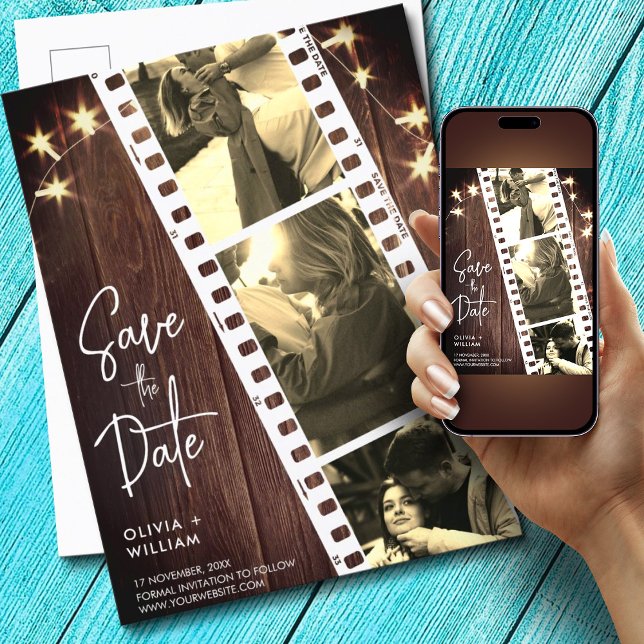 Brown rustic trendy photo booth save the date announcement postcard (Creator Uploaded)