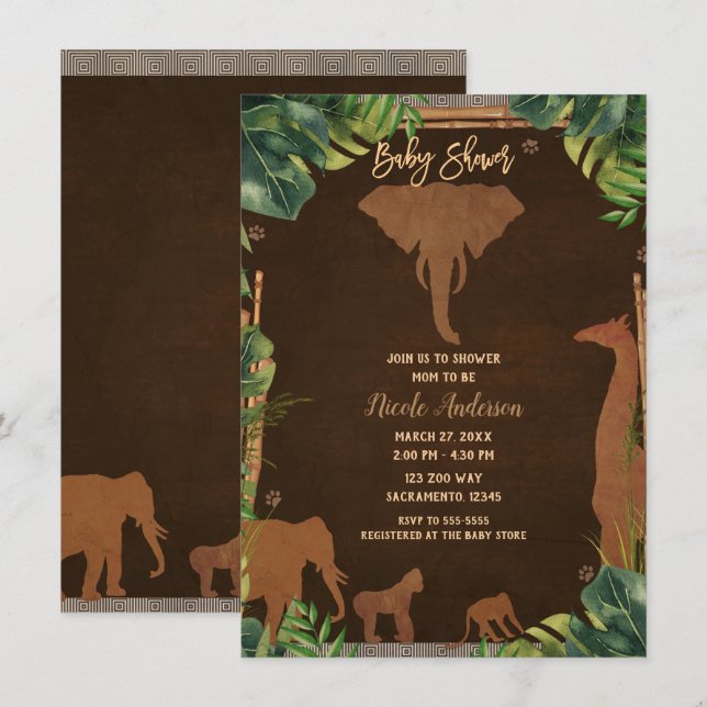 Brown Safari Jungle Zoo Animals Baby Shower Invitation (Front/Back)