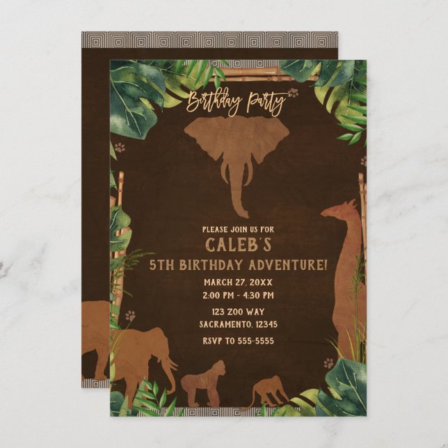 Brown Safari Jungle Zoo Animals Birthday Party Invitation (Front/Back)