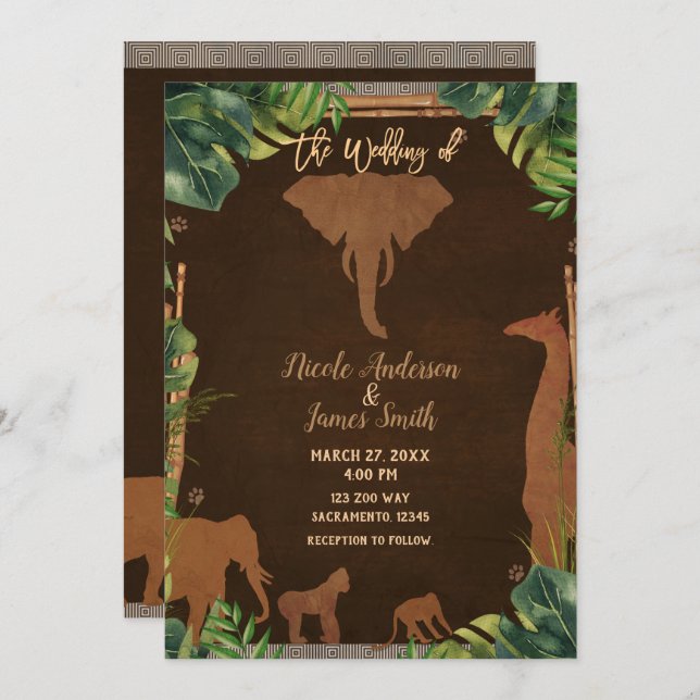 Brown Safari Jungle Zoo Animals Modern Wedding Invitation (Front/Back)