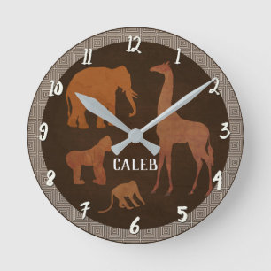 Brown Safari Jungle Zoo Animals Round Clock