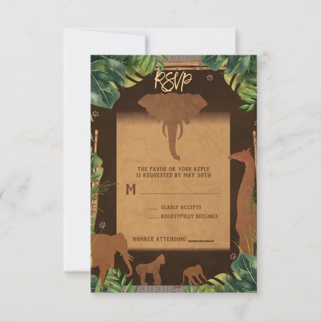 Brown Safari Jungle Zoo Animals Wedding RSVP (Front)
