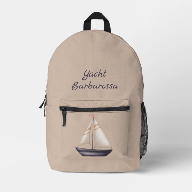 Brown Sailing Boat and Name on Beige Printed Backpack (Front)
