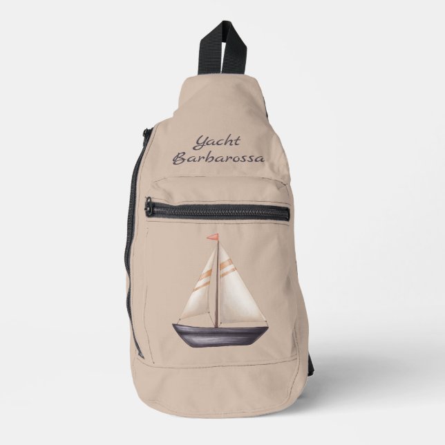 Brown Sailing Boat and Name on Beige Sling Bag (Front)