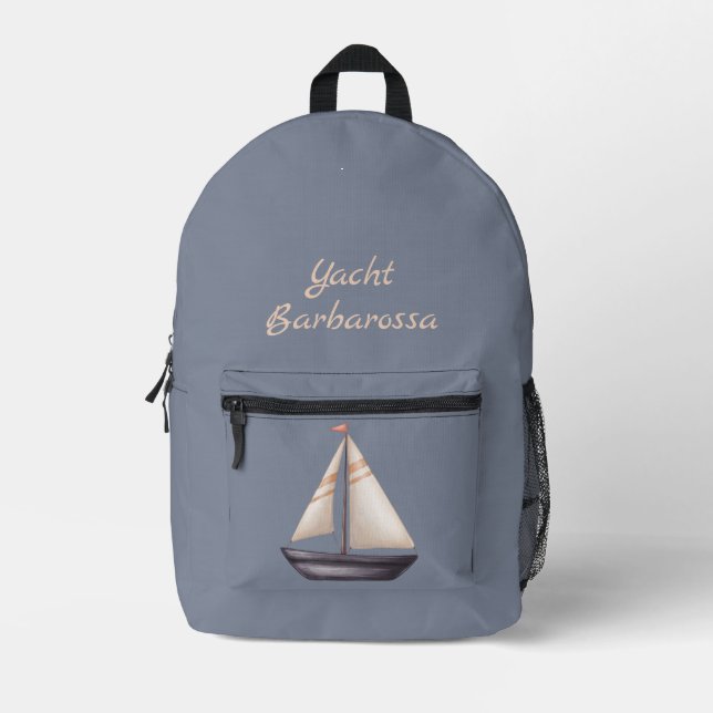 Brown Sailing Boat and Name on Gray Printed Backpack (Front)