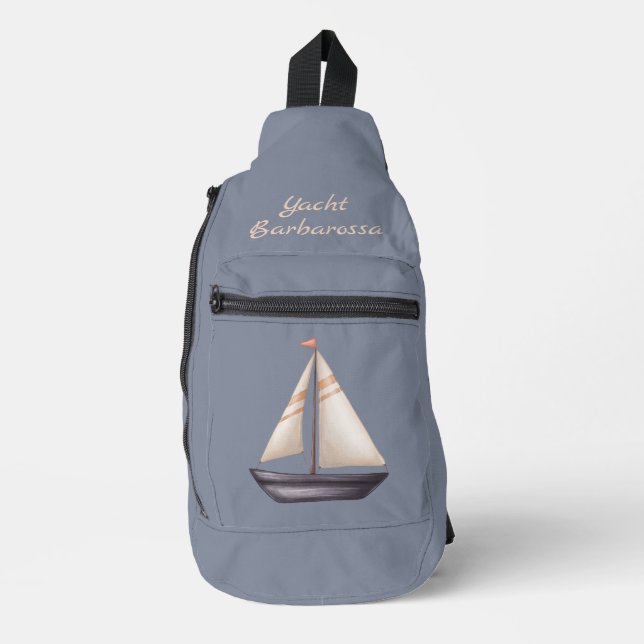 Brown Sailing Boat and Name on Gray Sling Bag (Front)