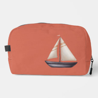 Brown Sailing Boat and Name on Red Dopp Kit