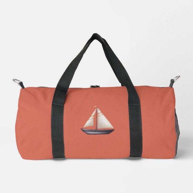 Brown Sailing Boat and Name on Red Duffle Bag (Front)