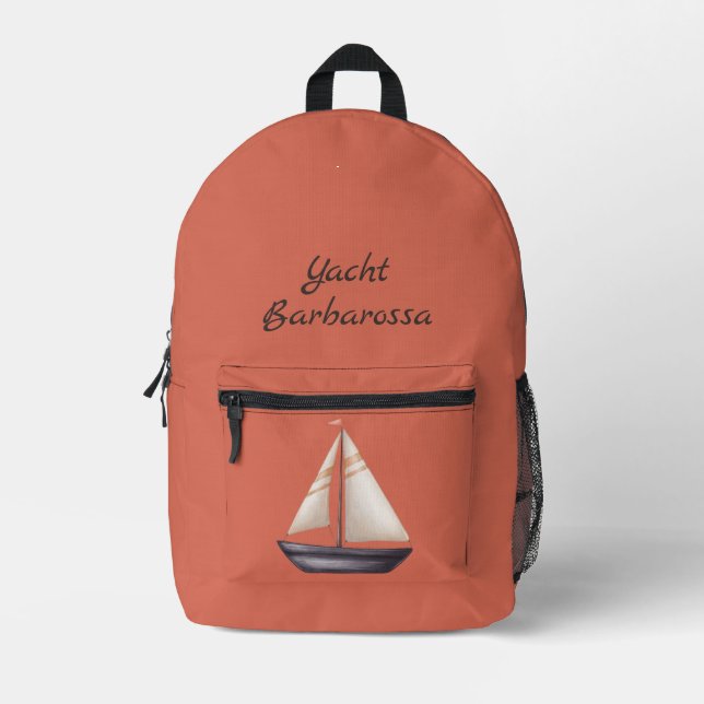 Brown Sailing Boat and Name on Red Printed Backpack (Front)