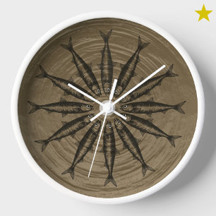 Brown Sardine Drawing Sketch Fish Pattern Clock