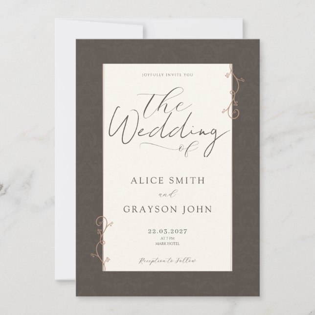 Brown Script Floral Classic Minimalist Wedding  Invitation (Front)