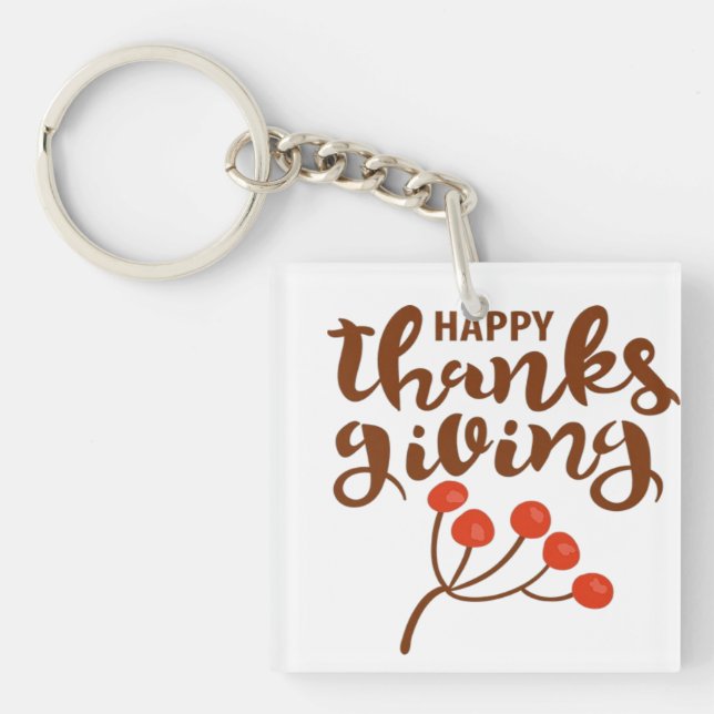 Brown Script Happy Thanksgiving Text With Autumn B Key Ring (Front)