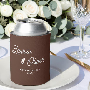 Brown Script Minimalist Wedding Can Cooler