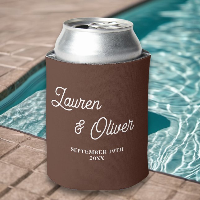 Brown Script Minimalist Wedding Can Cooler (Creator Uploaded)