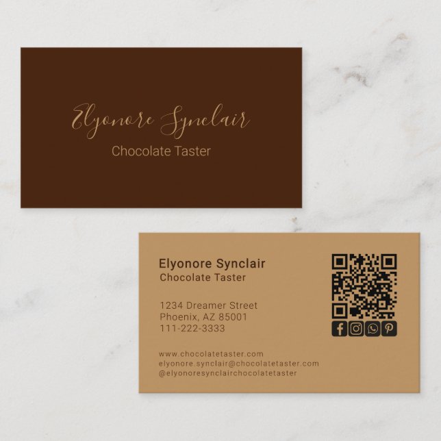 Brown Script Social Icon QR Code Chocolate Taster Business Card (Front/Back)