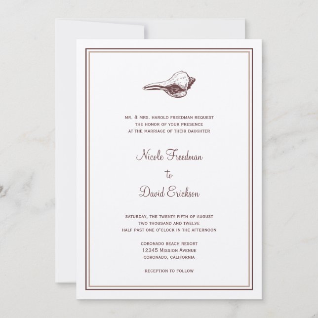 Brown seashell simple elegance wedding invitation (Front)