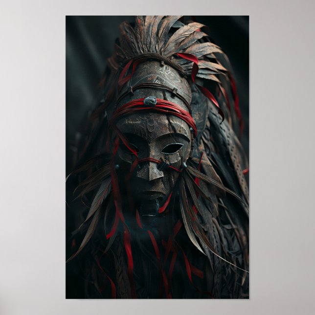 Brown Shaman Mask with Feathers and Red Poster (Front)