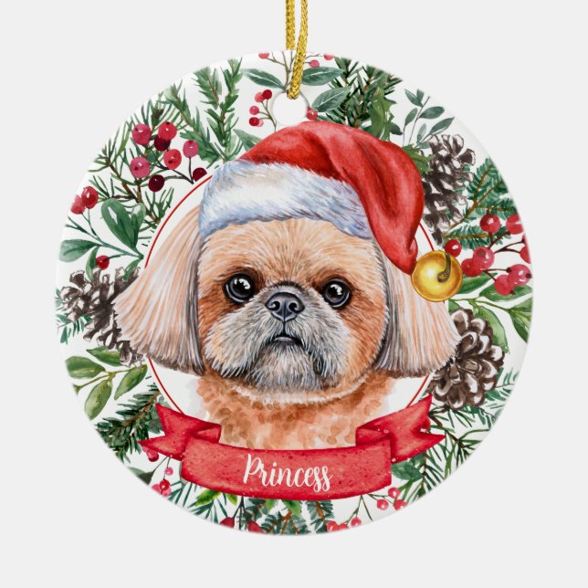 Brown Shih Tzu Custom Santa Dog Christmas Ornament (Front)