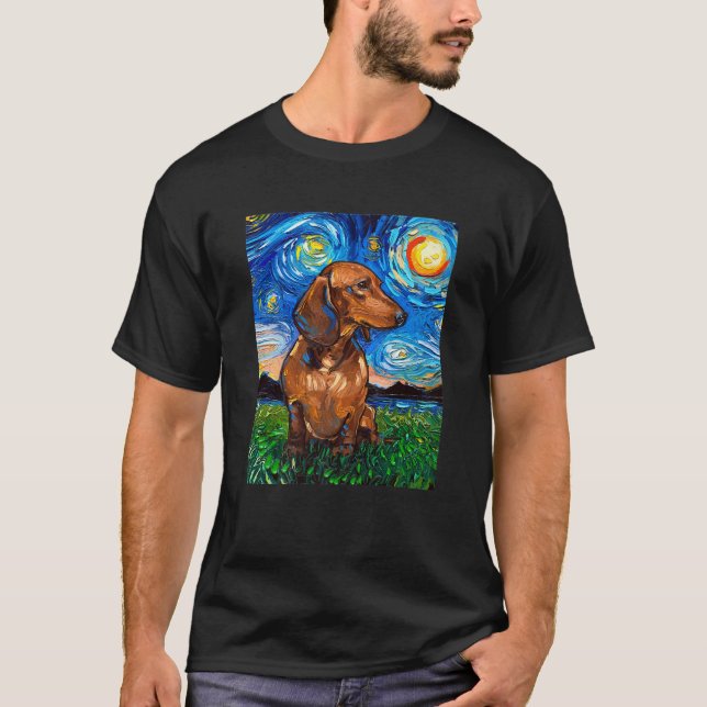 Brown Short Hair Dachshund Doxie Starry Night Dog  T-Shirt (Front)